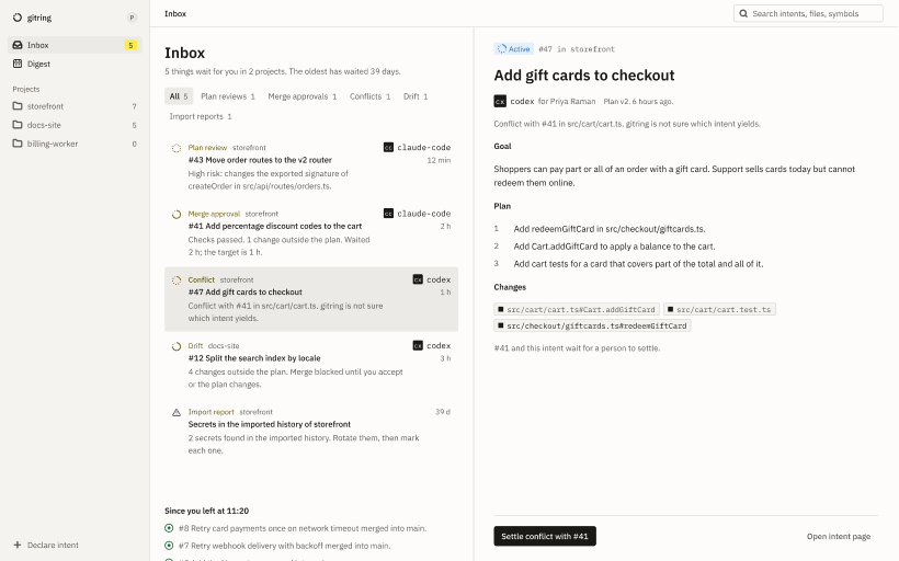 The gitring inbox: plan reviews, merge approvals, a conflict and drift waiting across two projects, with a conflict over adding gift cards to checkout open on the right