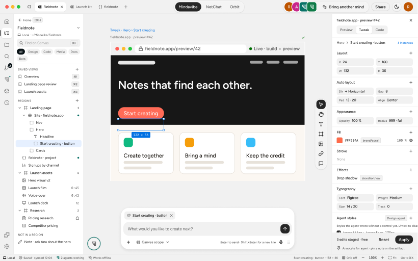 The Mindalike app: a landing page open on the canvas with its regions listed on the left, the selected button's layout, fill and type on the right, and a prompt box below