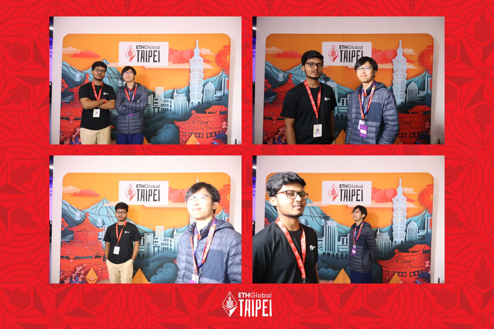 A four-frame photo booth strip of Mirza and a teammate in front of the ETHGlobal Taipei backdrop